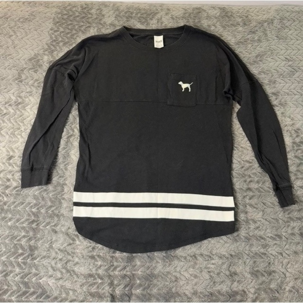Victorias Secret PINK Long Sleeve Spirit Jersey Black  Logo Top XS 0190